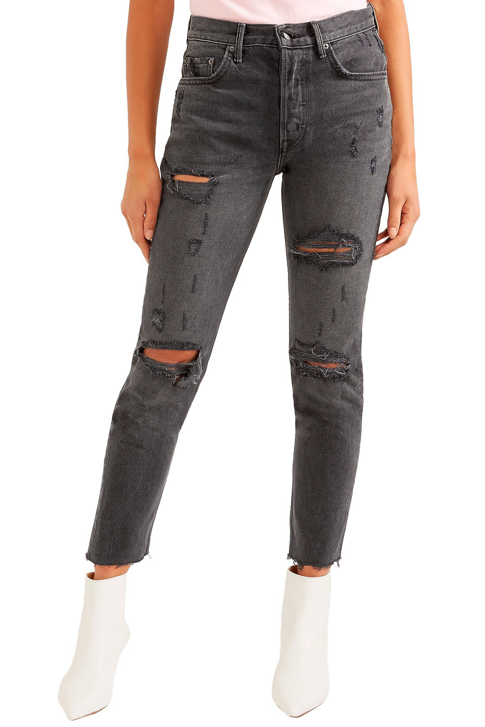 Shop Grlfrnd Distressed High-rise Slim-leg Jeans In Black