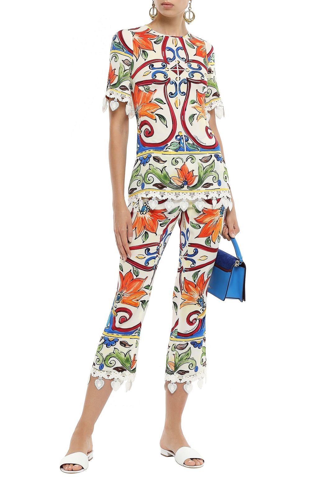 DOLCE&GABBANA Crochet-trimmed floral-print silk-charmeuse top