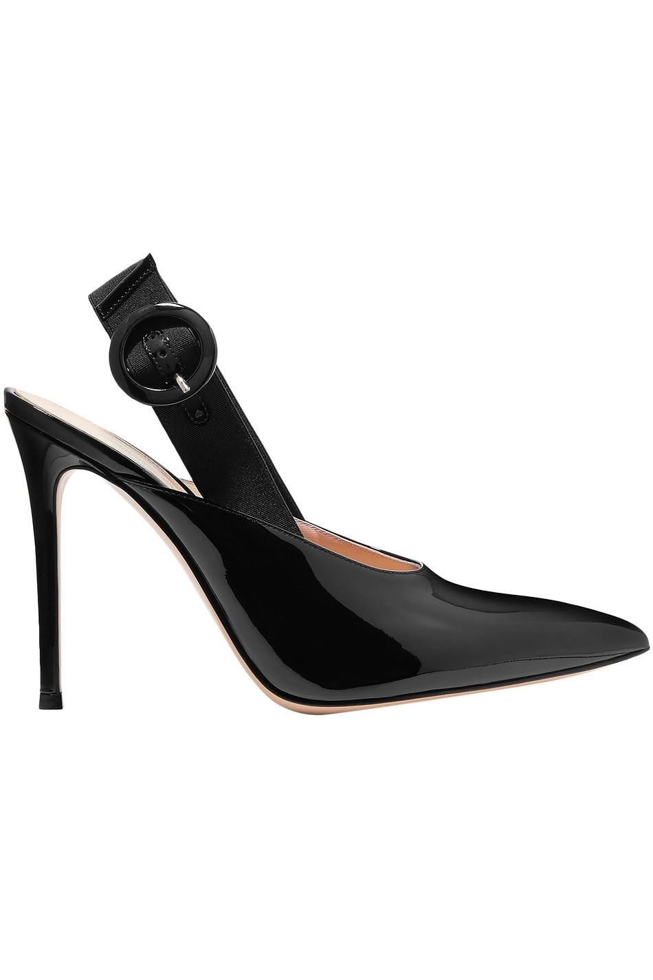 black patent leather slingback pumps