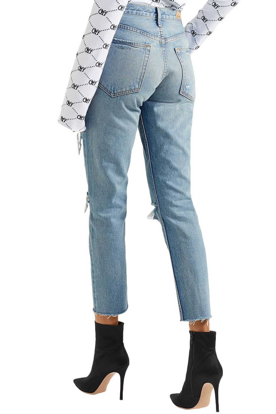 Shop Grlfrnd Cropped Distressed High-rise Slim-leg Jeans In Light Denim