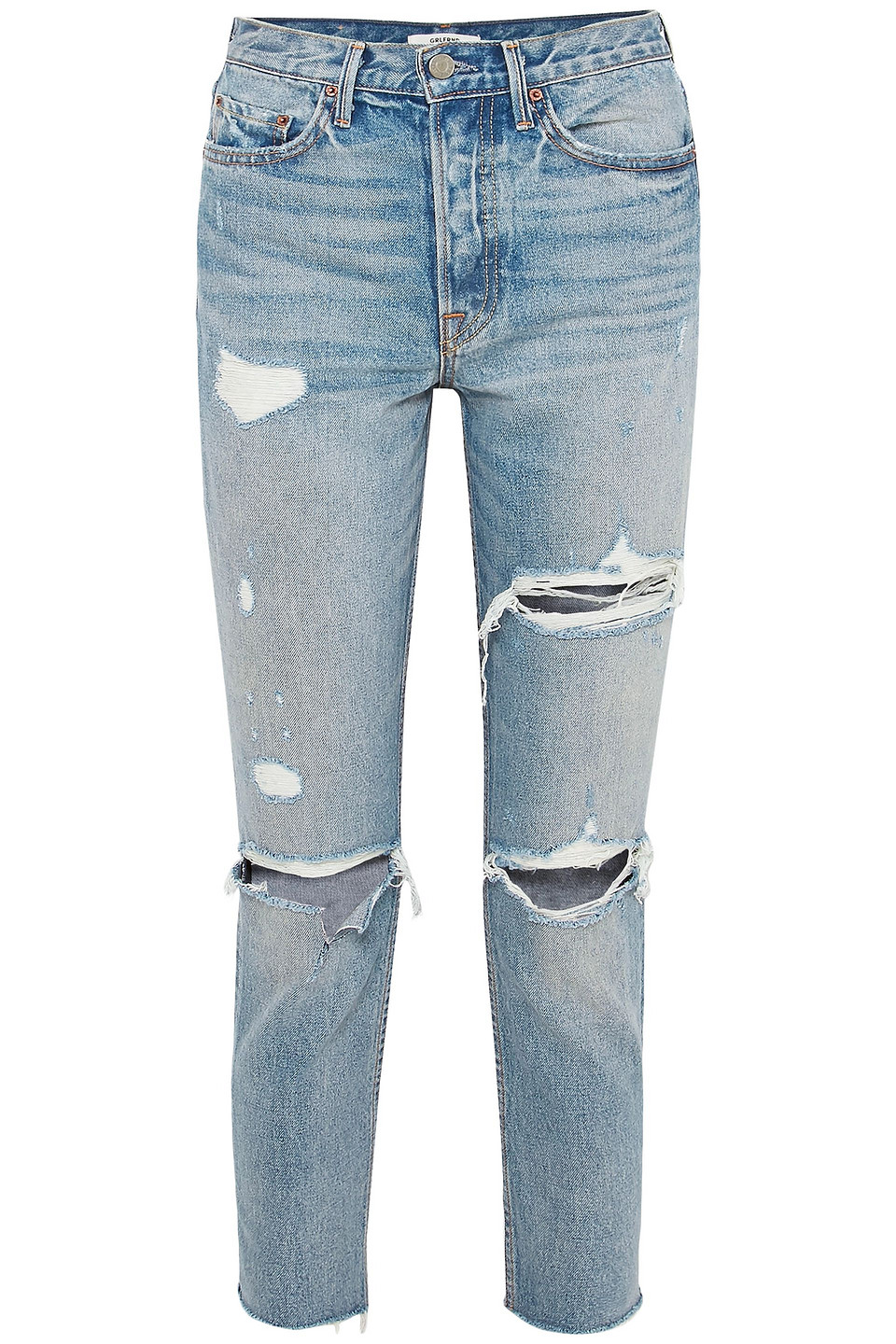 Grlfrnd Cropped Distressed High-rise Slim-leg Jeans In Light Denim