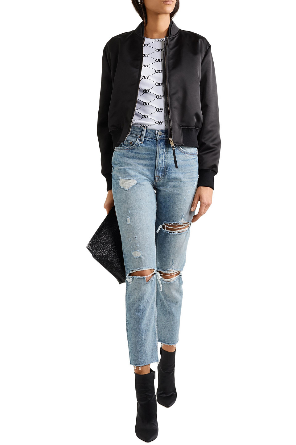 Shop Grlfrnd Cropped Distressed High-rise Slim-leg Jeans In Light Denim