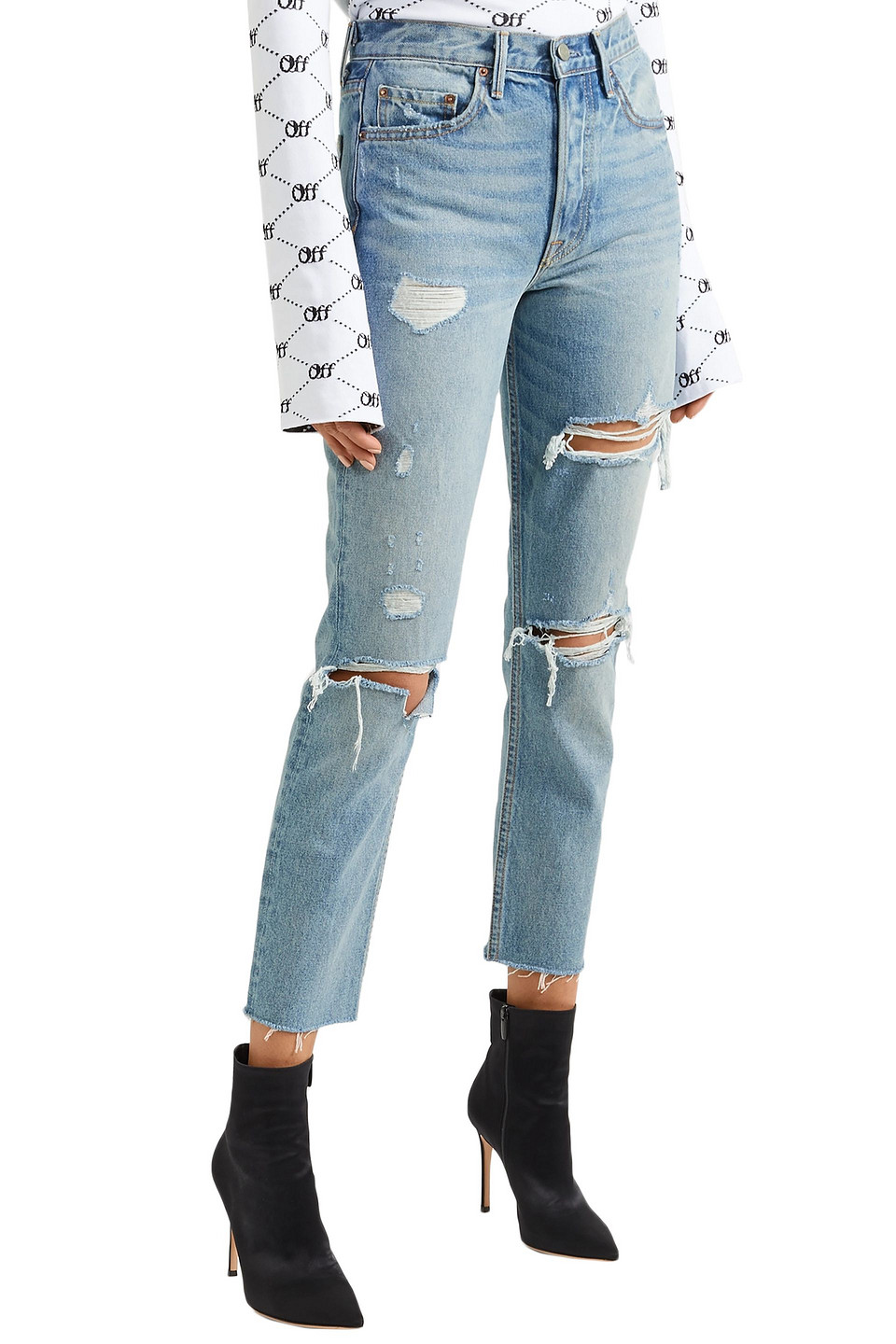 Shop Grlfrnd Cropped Distressed High-rise Slim-leg Jeans In Light Denim