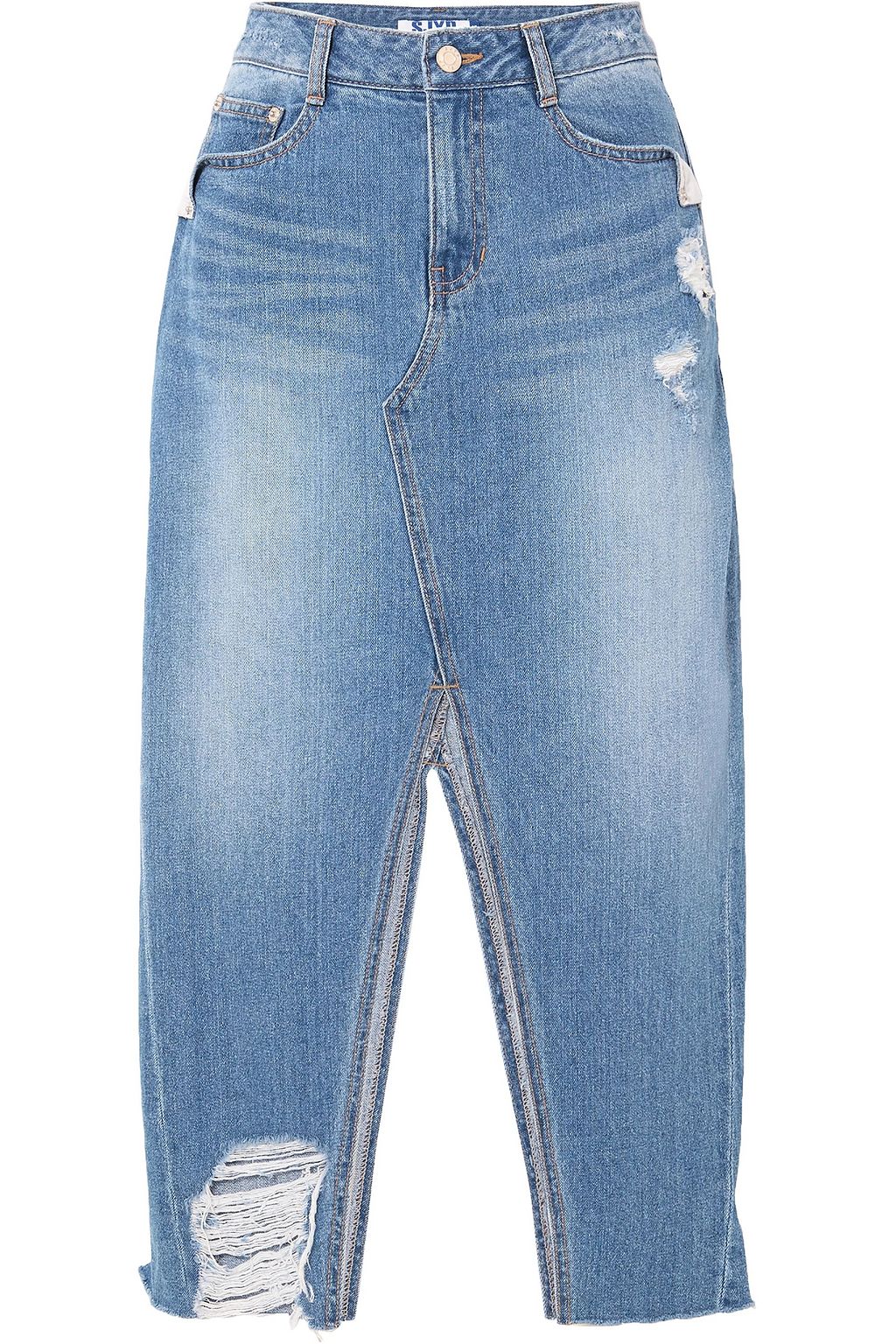 distressed denim midi skirt