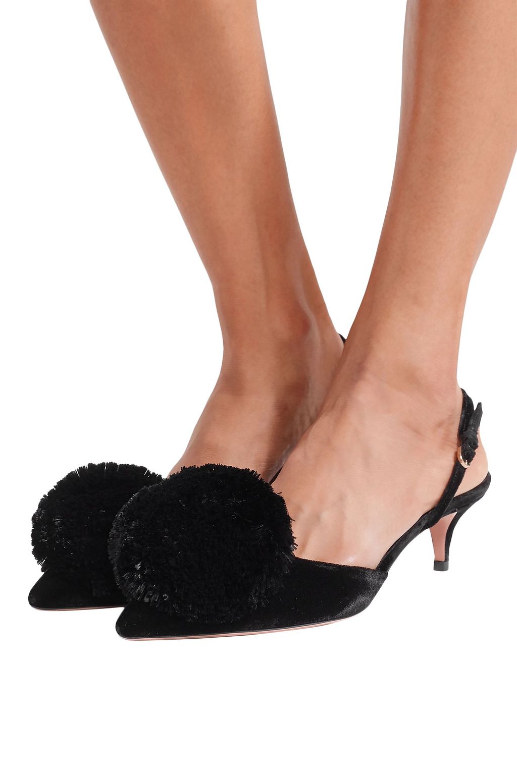AQUAZZURA Powder Puff pompom-embellished velvet slingback pumps