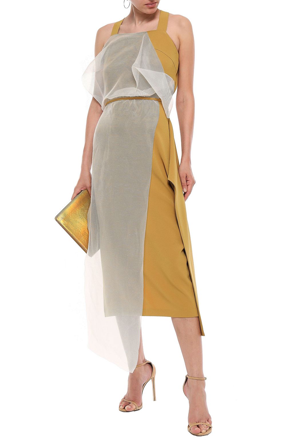 CHALAYAN Draped satin-crepe and striped organza midi dress