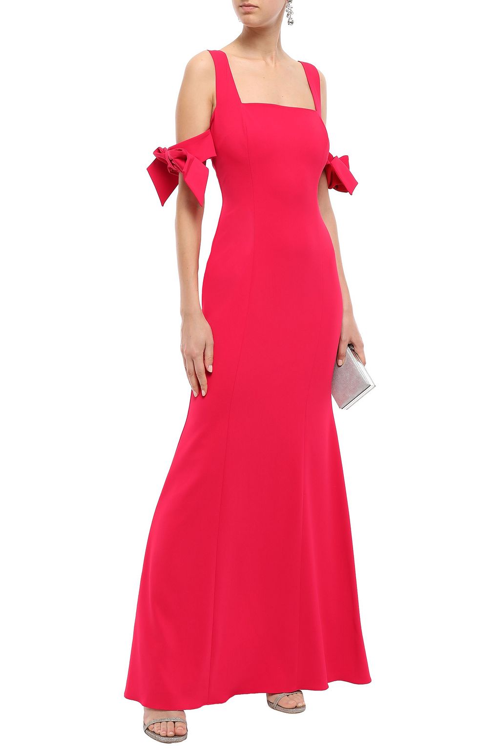 badgley mischka red cold shoulder gown