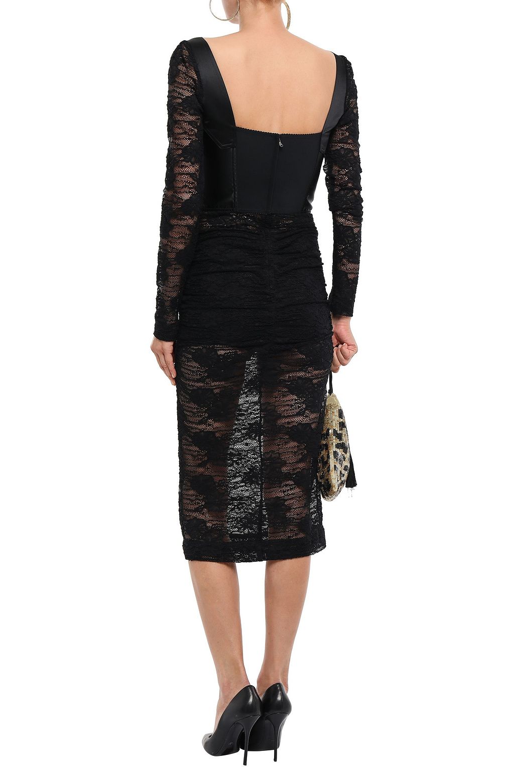 DOLCE&GABBANA Ruched satin-paneled lace midi dress