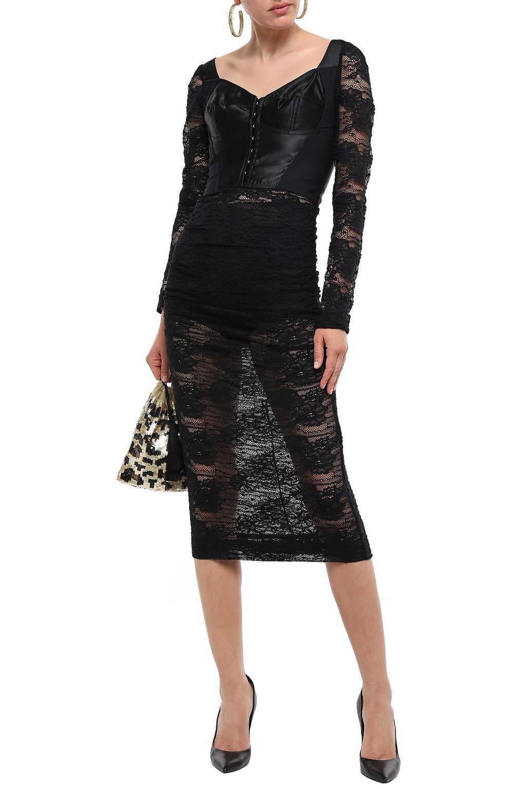DOLCE&GABBANA Ruched satin-paneled lace midi dress