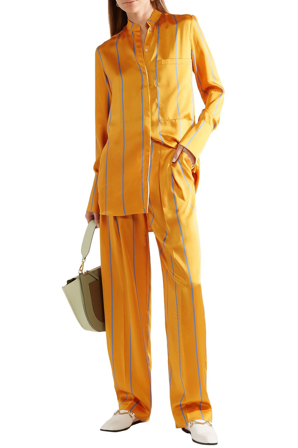 VICTORIA, VICTORIA BECKHAM Pleated striped satin-twill wide-leg pants