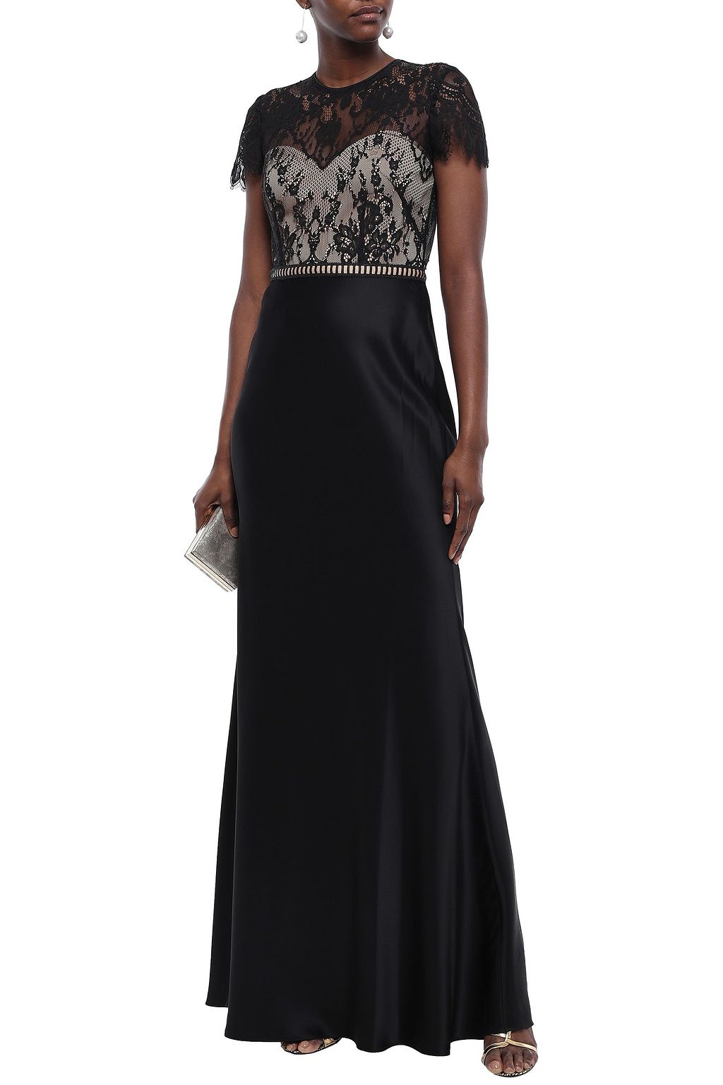 CATHERINE DEANE Lace-paneled cotton-blend satin gown