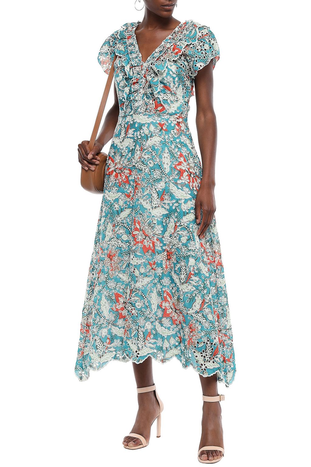 ANTIK BATIK Shiffly ruffled floral-print broderie anglaise cotton midi dress