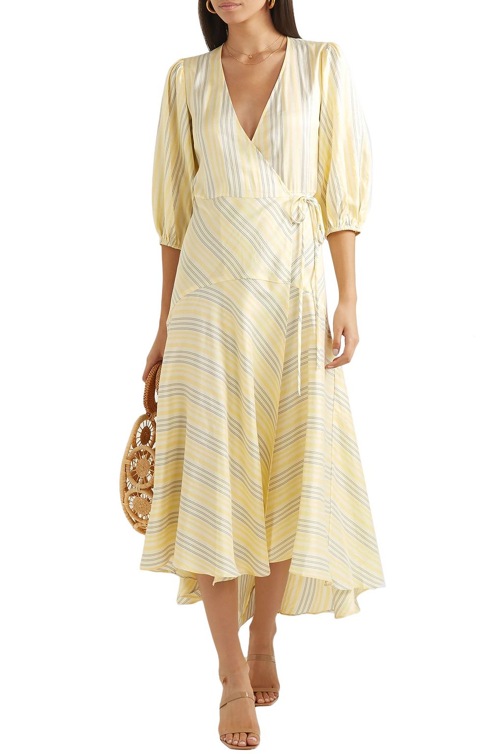 Pastel yellow Striped silk midi wrap dress | GANNI | THE OUTNET