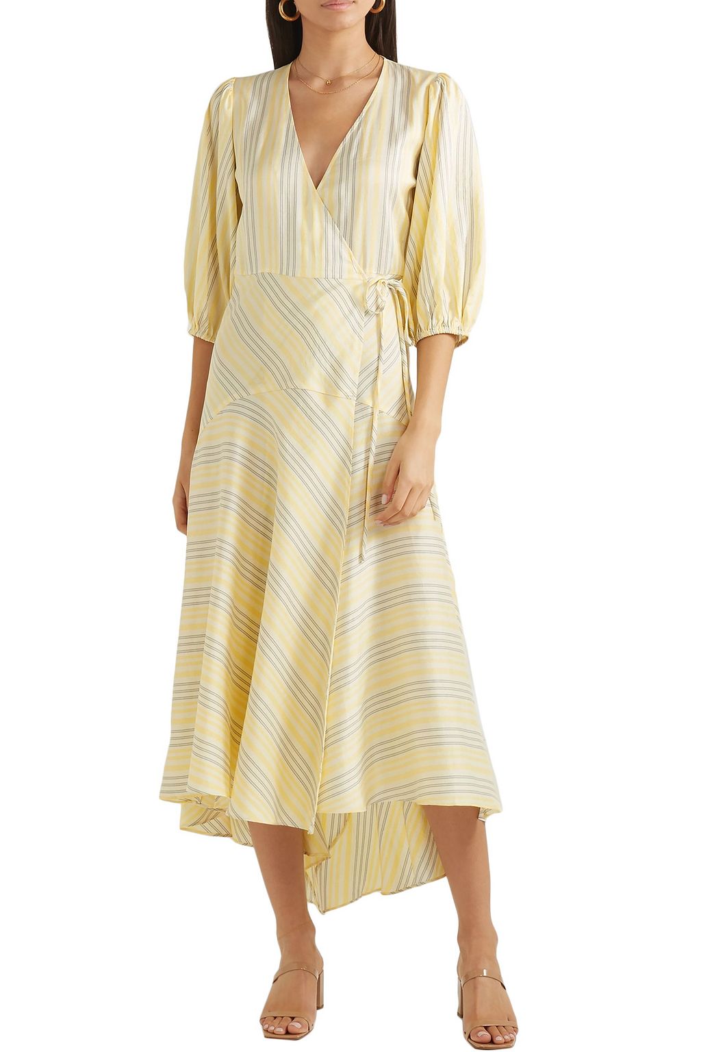 GANNI Striped silk midi wrap dress