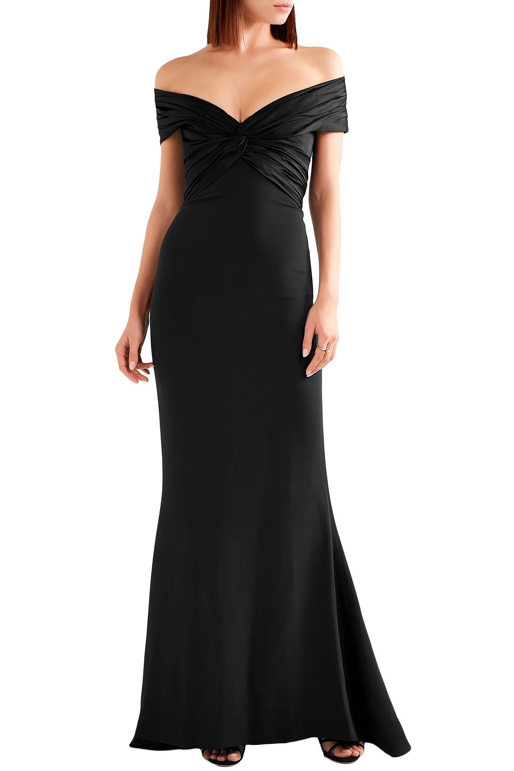 REEM ACRA Off-the-shoulder knotted silk-crepe and satin gown
