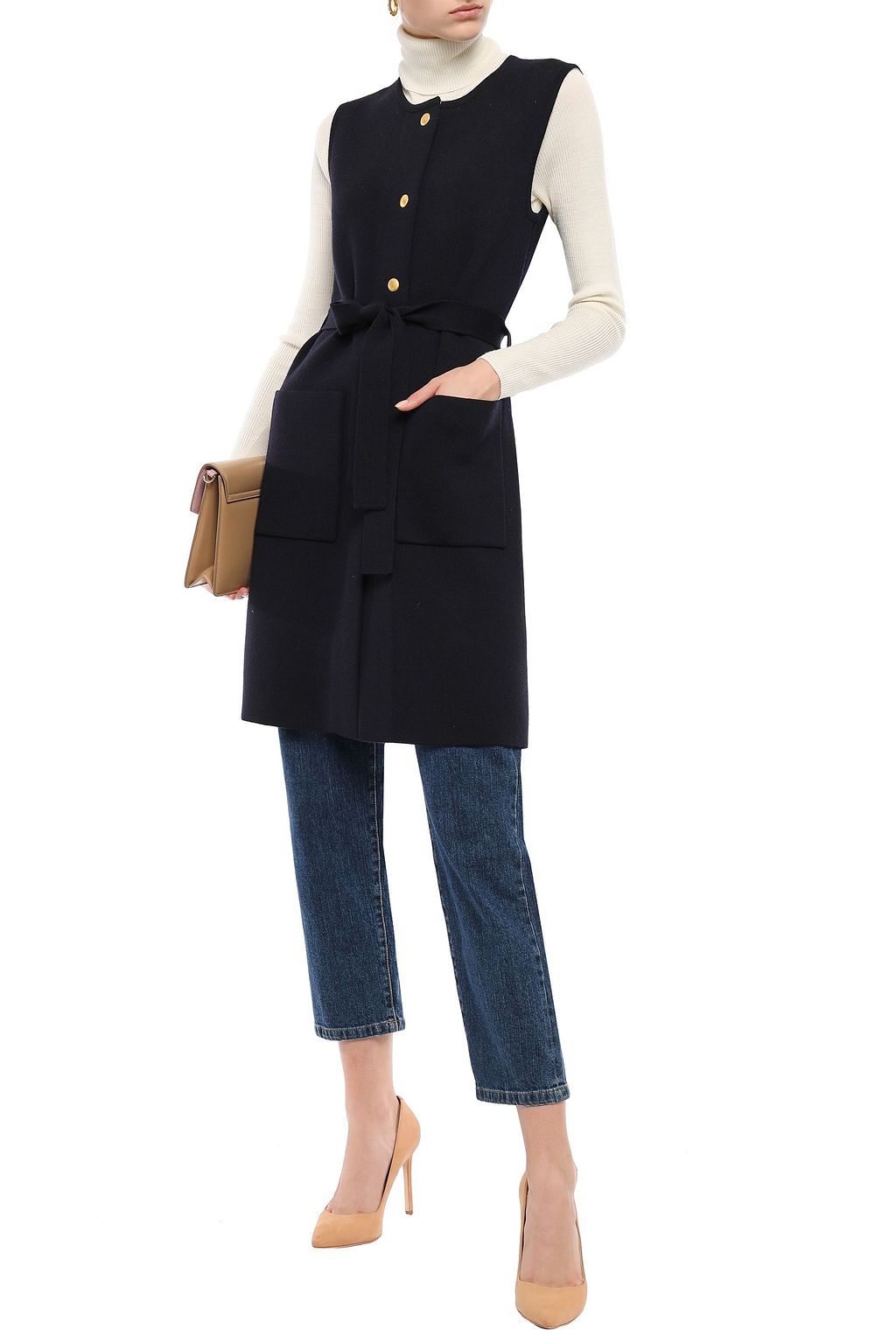 TORY BURCH Belted merino wool-blend dress