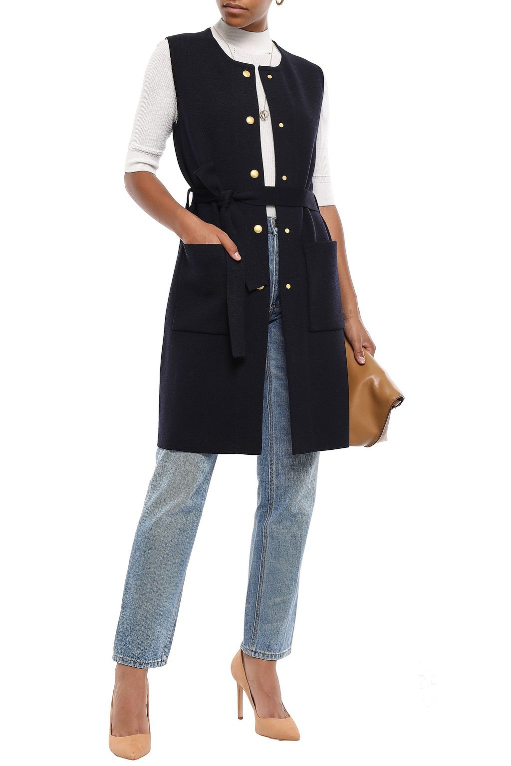 TORY BURCH Belted merino wool-blend dress
