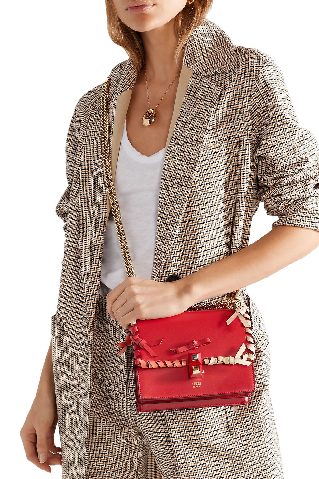 FENDI Kan I small whipstitched textured-leather shoulder bag