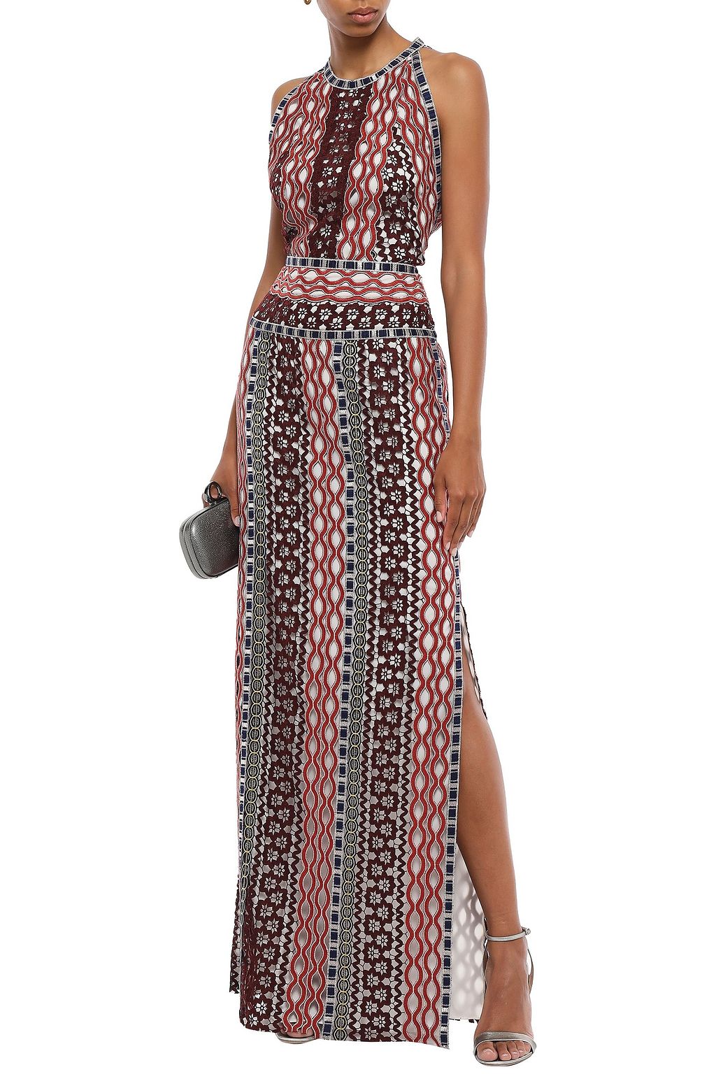 TORY BURCH Open-back metallic-trimmed guipure lace maxi dress
