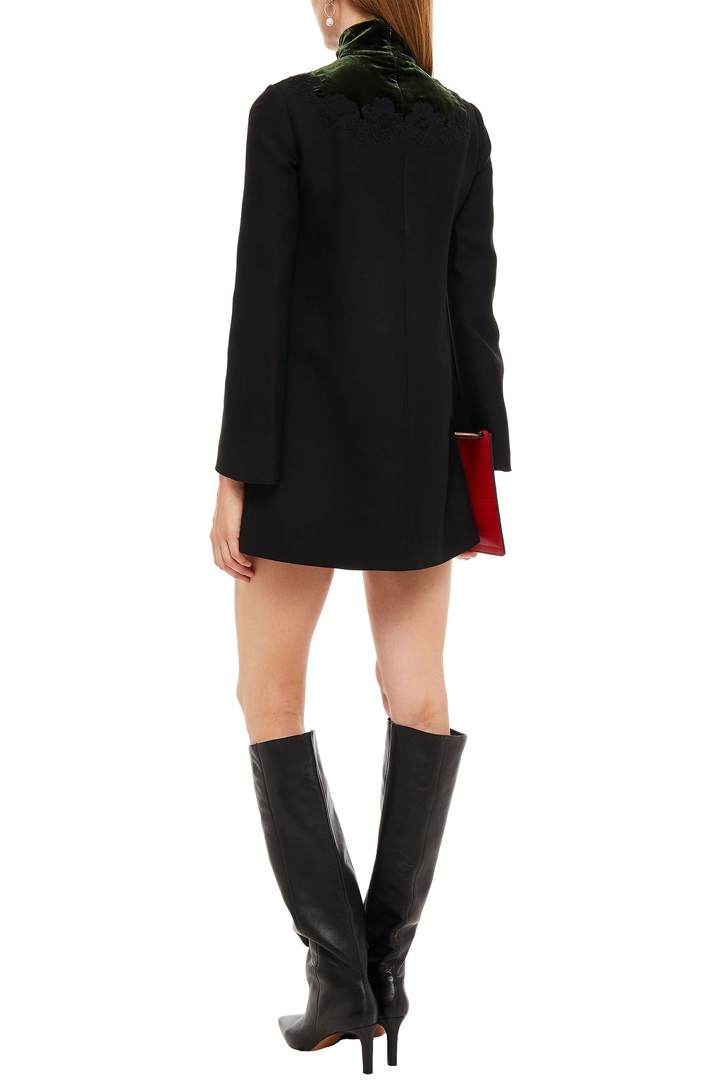 VALENTINO GARAVANI Velvet-trimmed embellished wool and silk-blend turtleneck mini dress