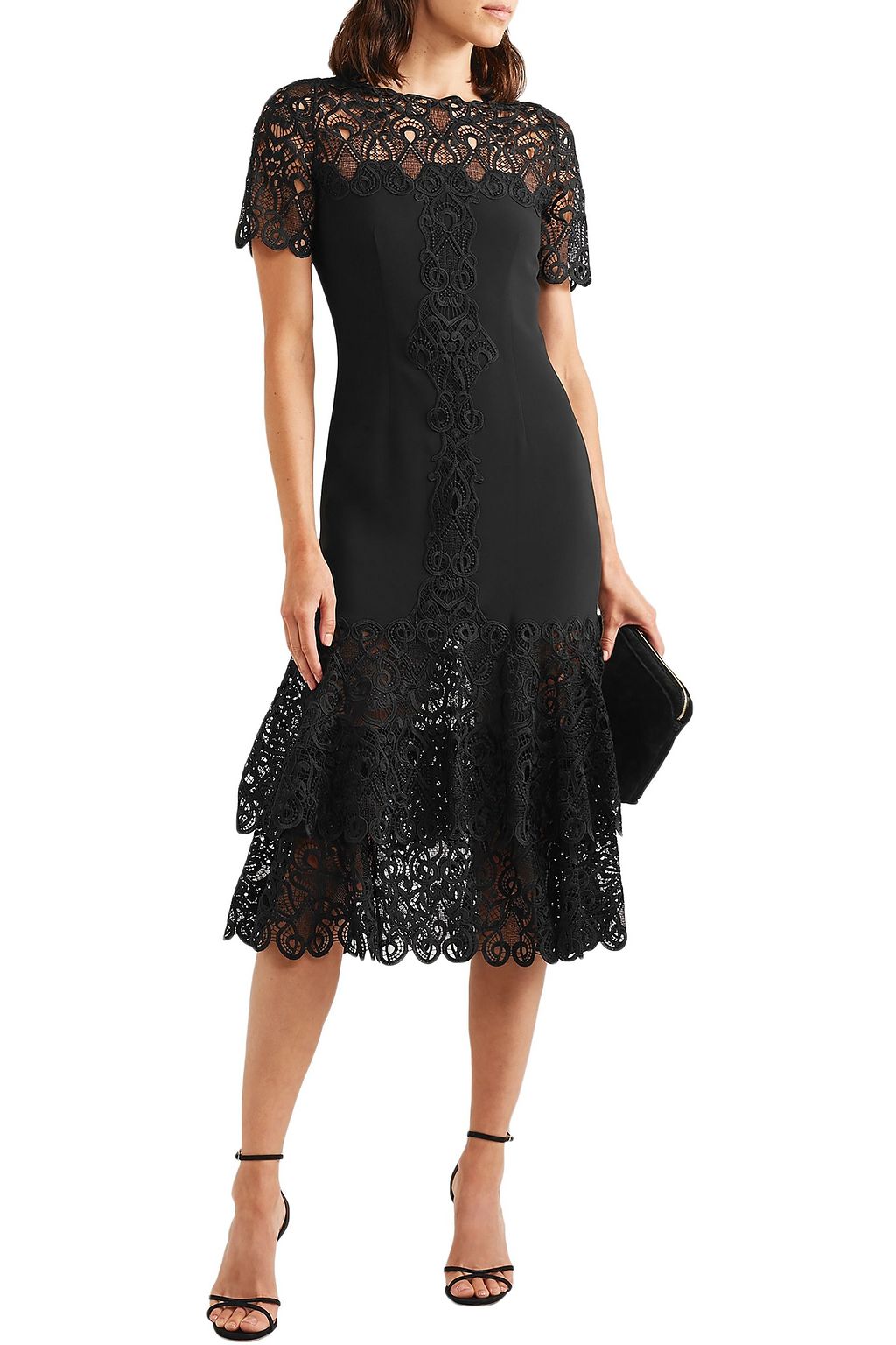 SIMKHAI Tiered macramé lace-paneled  cady midi dress