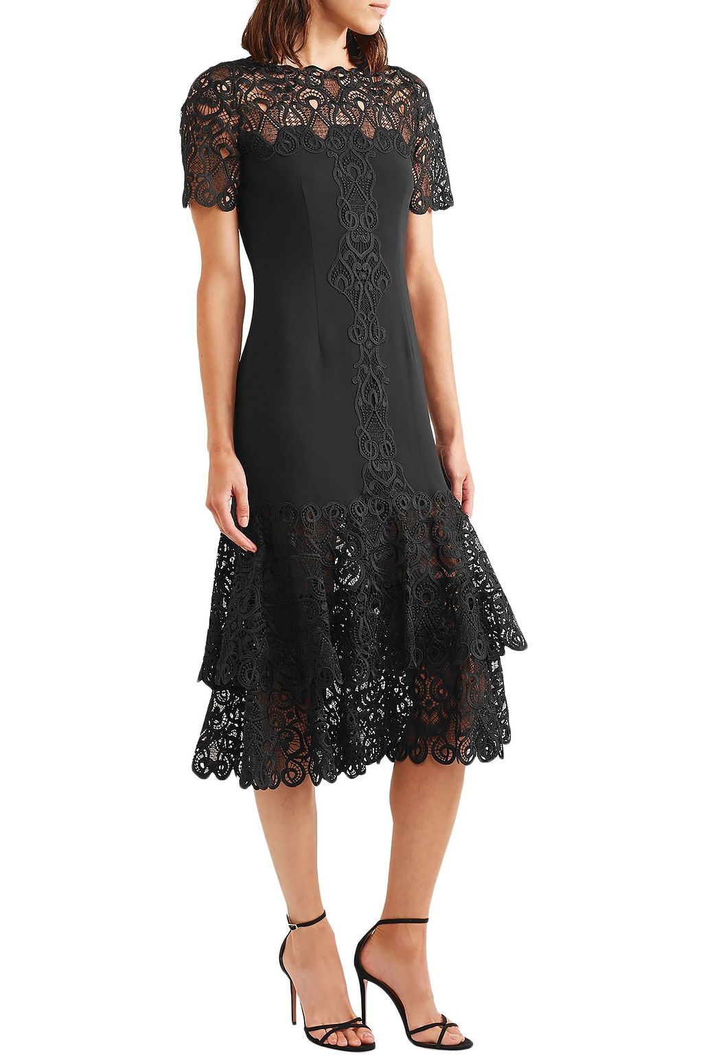 SIMKHAI Tiered macramé lace-paneled  cady midi dress