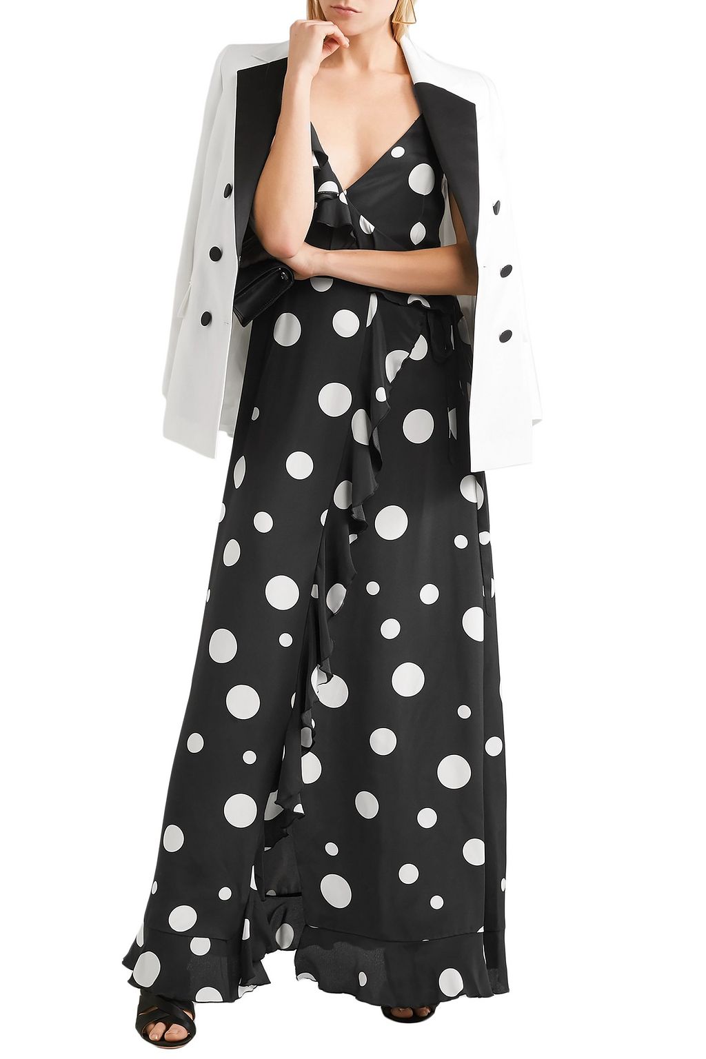 RACIL Ruffled polka-dot silk crepe de chine maxi wrap dress