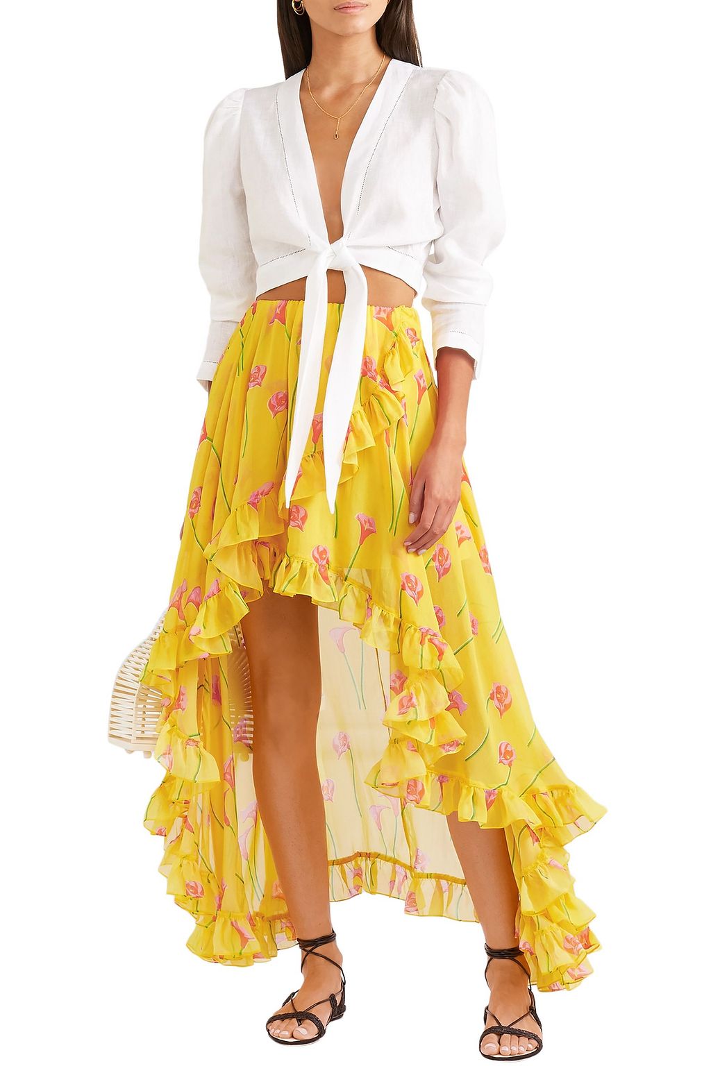 CAROLINE CONSTAS Adelle asymmetric ruffled floral-print silk-chiffon skirt