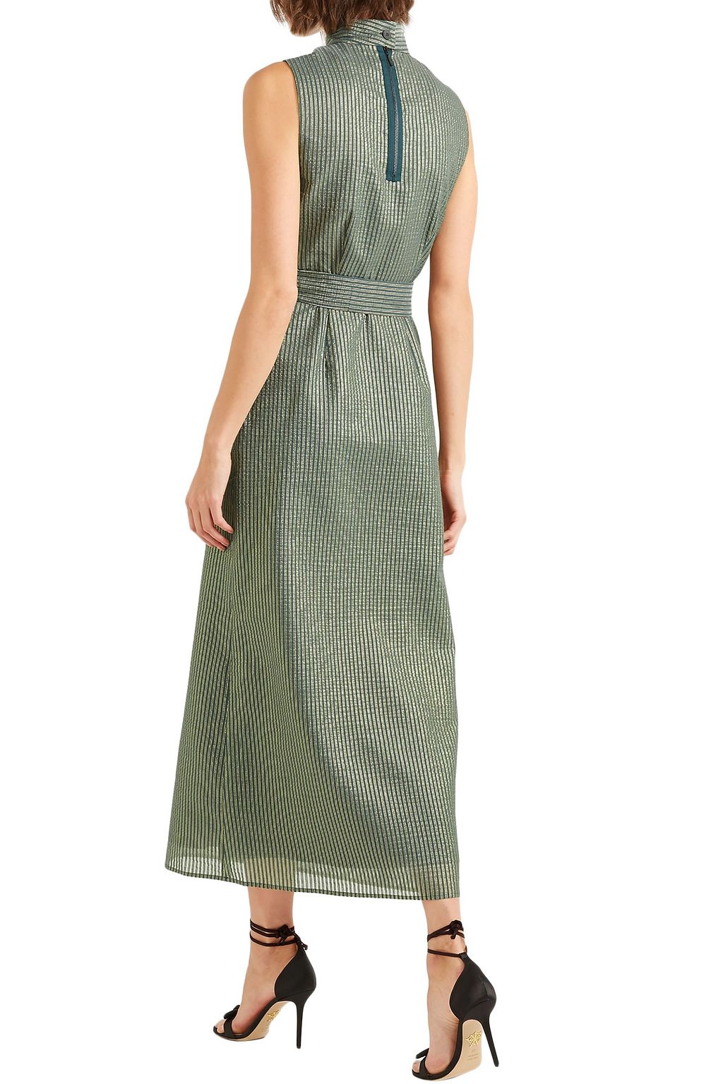 CEFINN Belted metallic striped cotton-blend voile dress