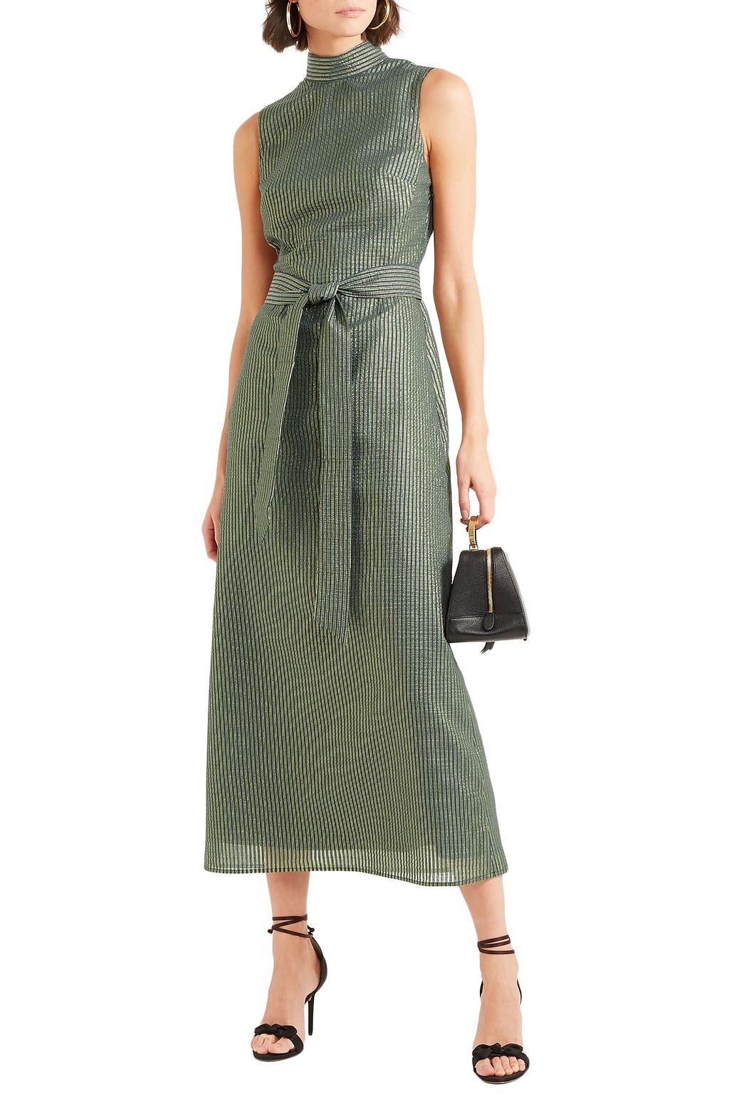 CEFINN Belted metallic striped cotton-blend voile dress