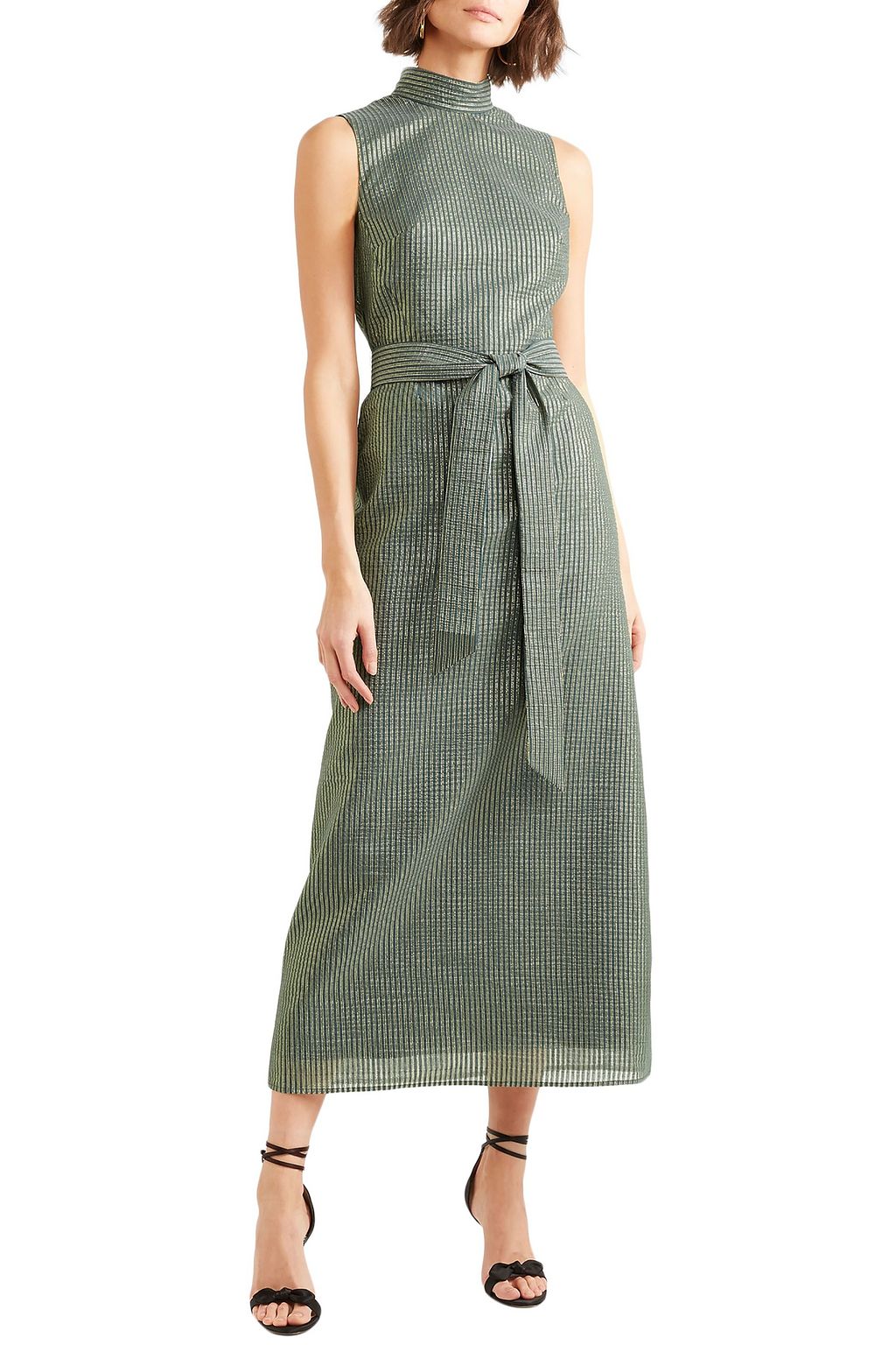CEFINN Belted metallic striped cotton-blend voile dress
