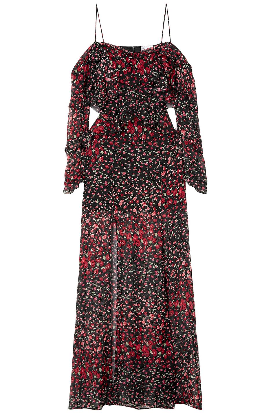 red cold shoulder ruffle detail maxi dress