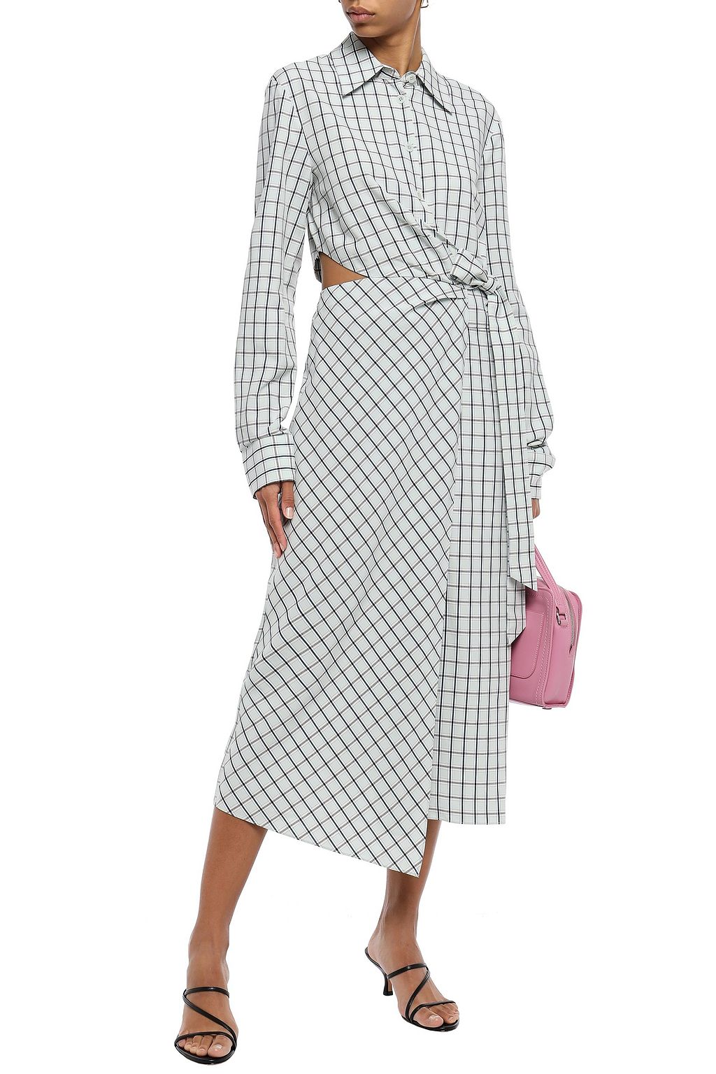 TIBI Cutout checked poplin midi wrap dress