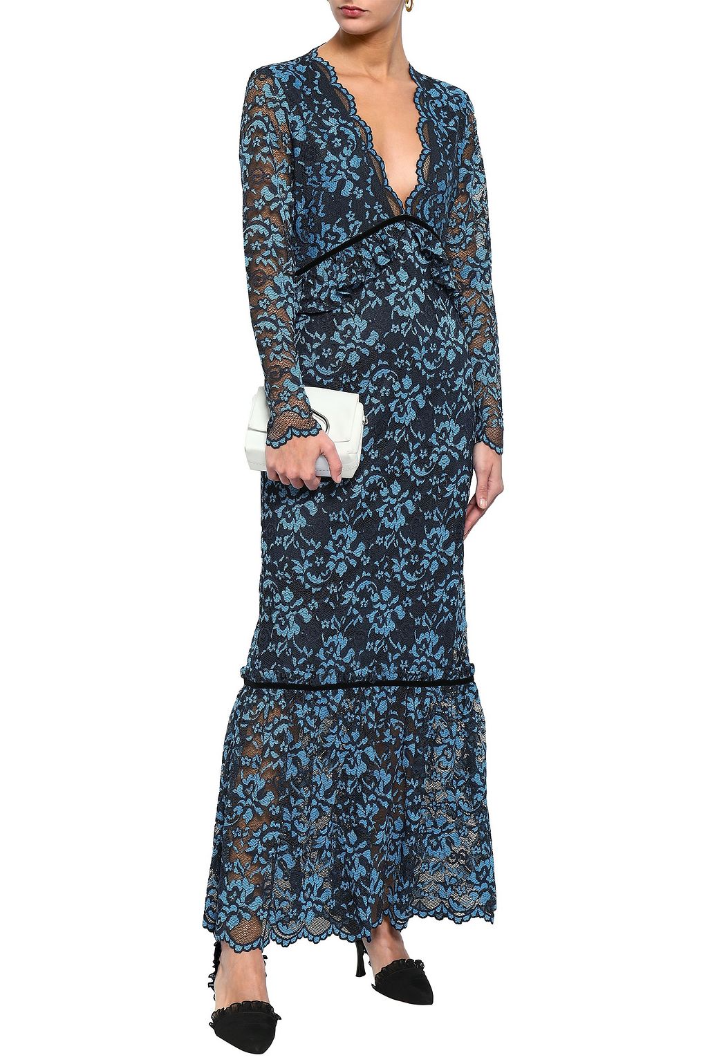GANNI Flynn velvet-trimmed lace maxi dress