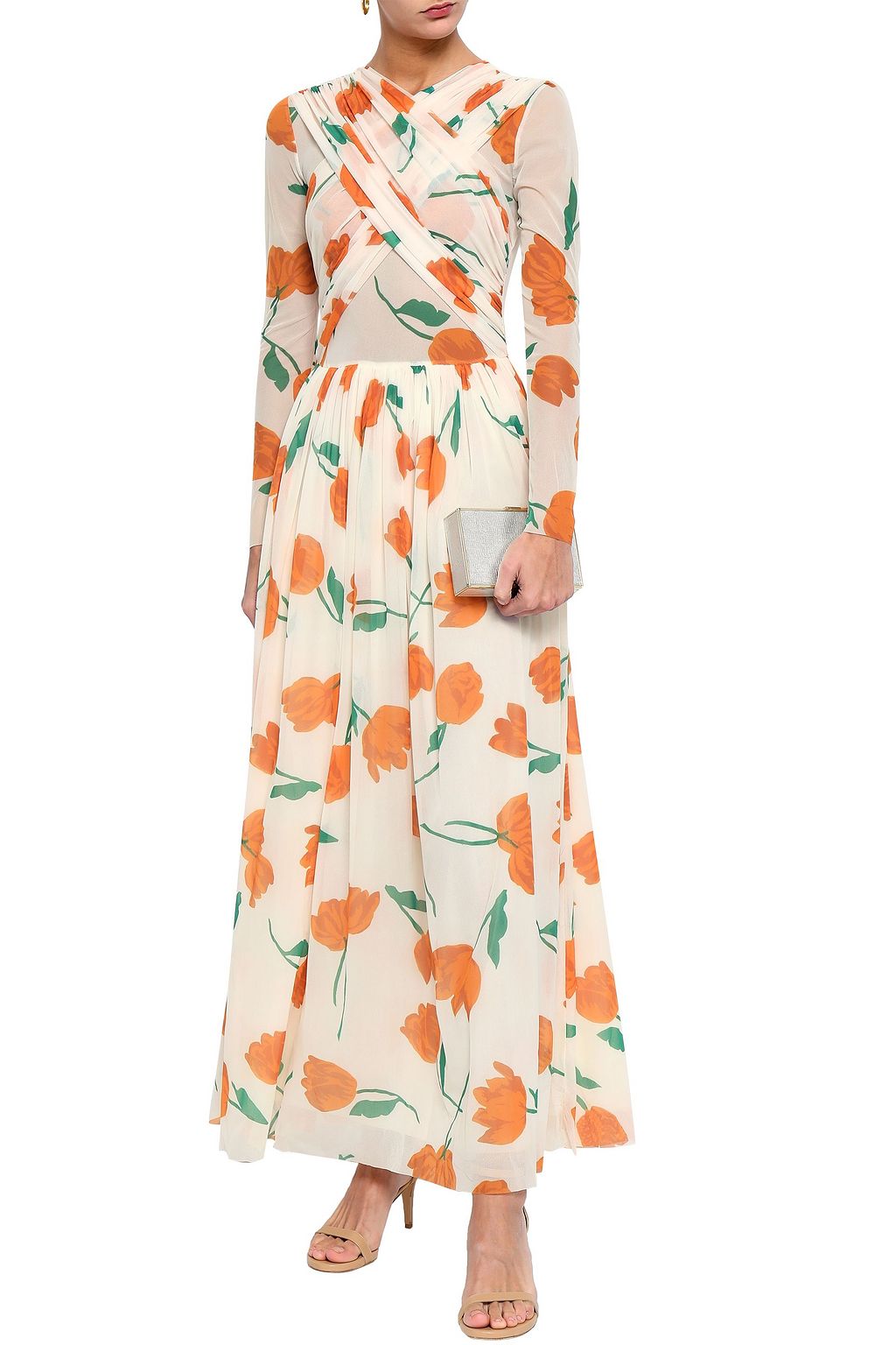 GANNI Tilden crossover floral-print mesh maxi dress