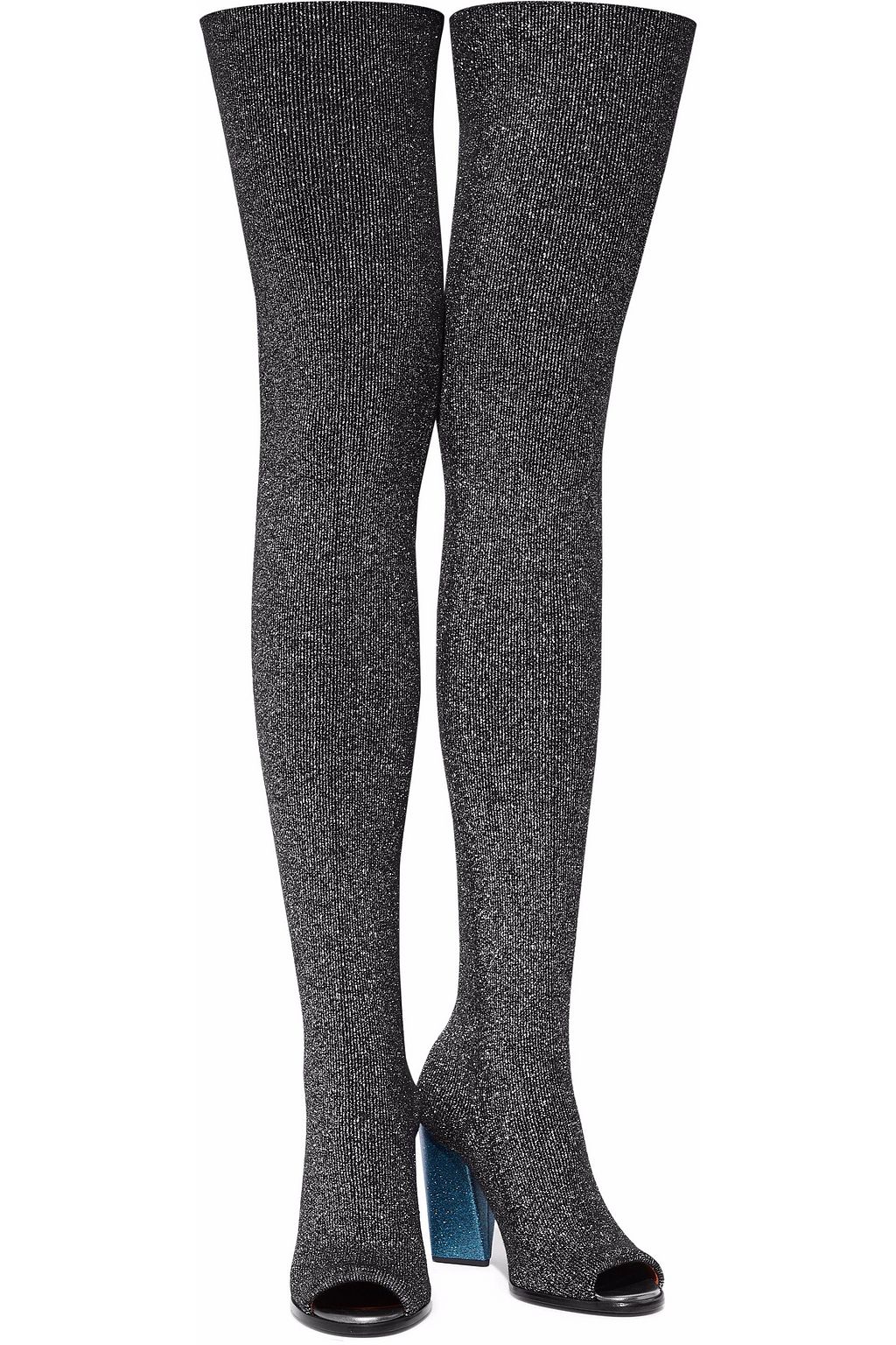 MISSONI Glittered ribbed-knit thigh boots