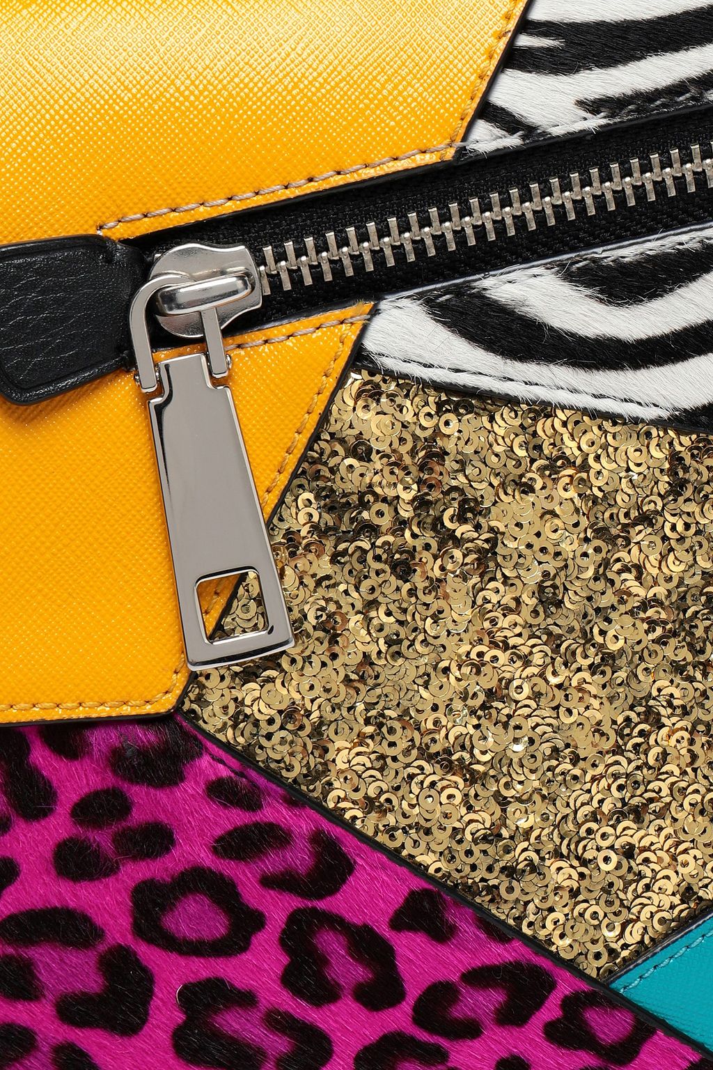 MARC JACOBS Patchwork-effect printed calf hair, sequined and textured-leather shoulder bag