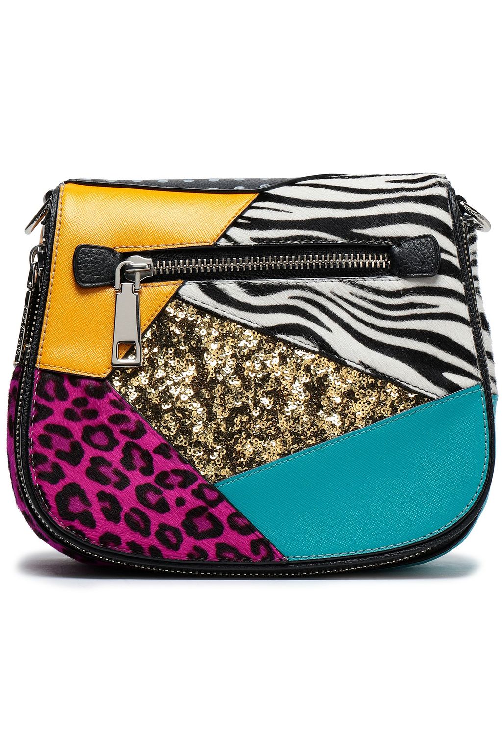 MARC JACOBS Patchwork-effect printed calf hair, sequined and textured-leather shoulder bag