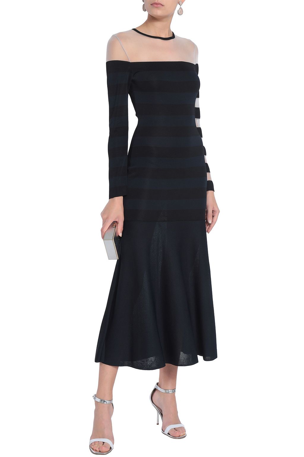 OSCAR DE LA RENTA Mesh-paneled striped stretch-knit midi dress