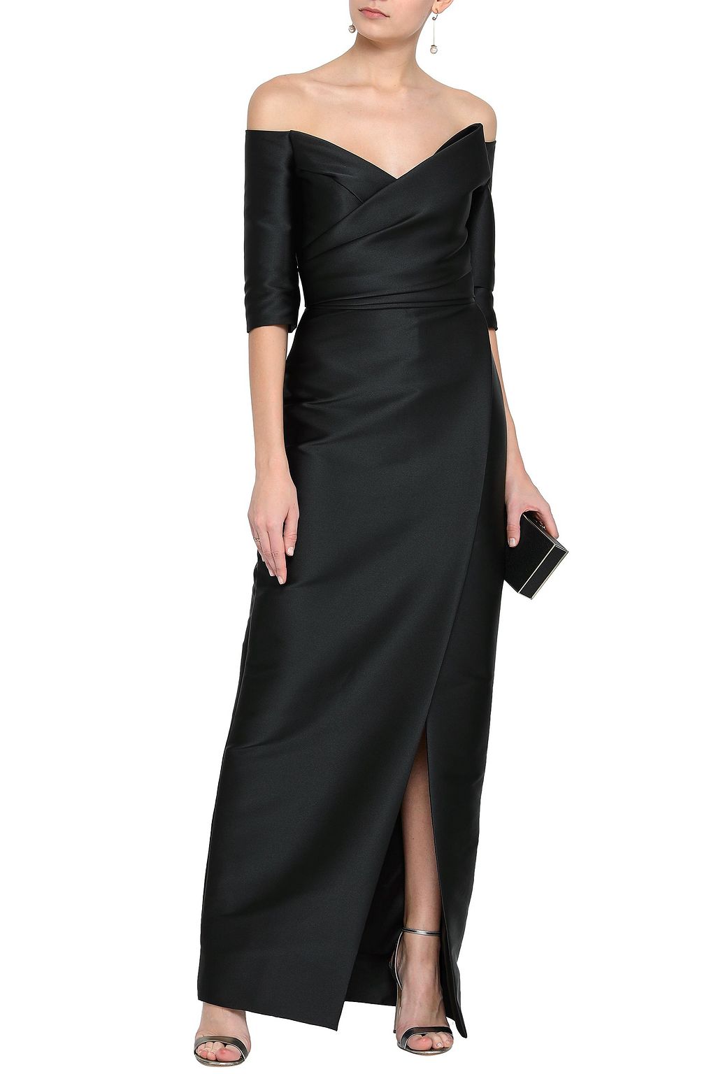 MONIQUE LHUILLIER Off-the-shoulder ruched satin gown