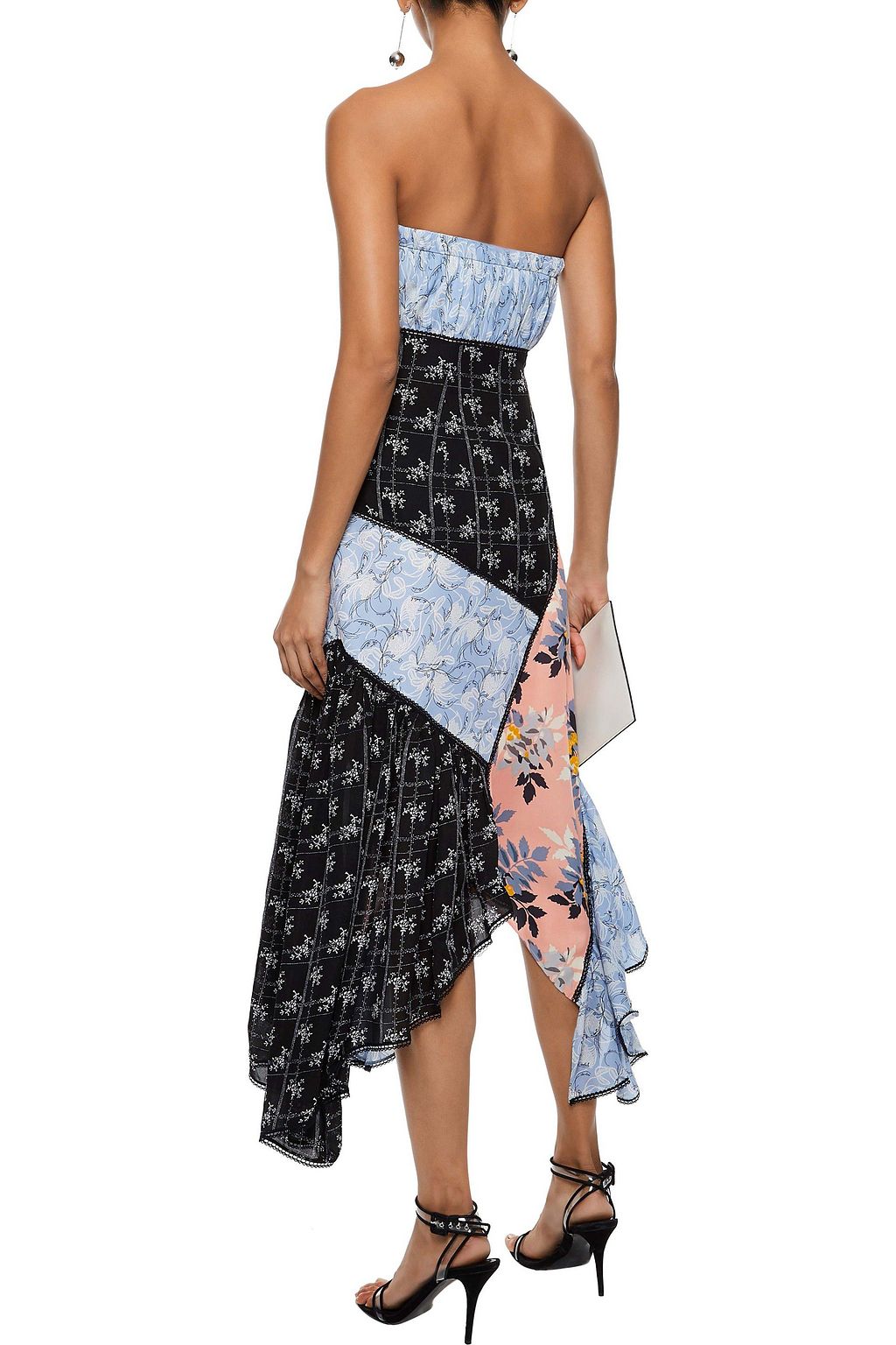 CINQ À SEPT Strapless patchwork floral-print silk crepe de chine dress