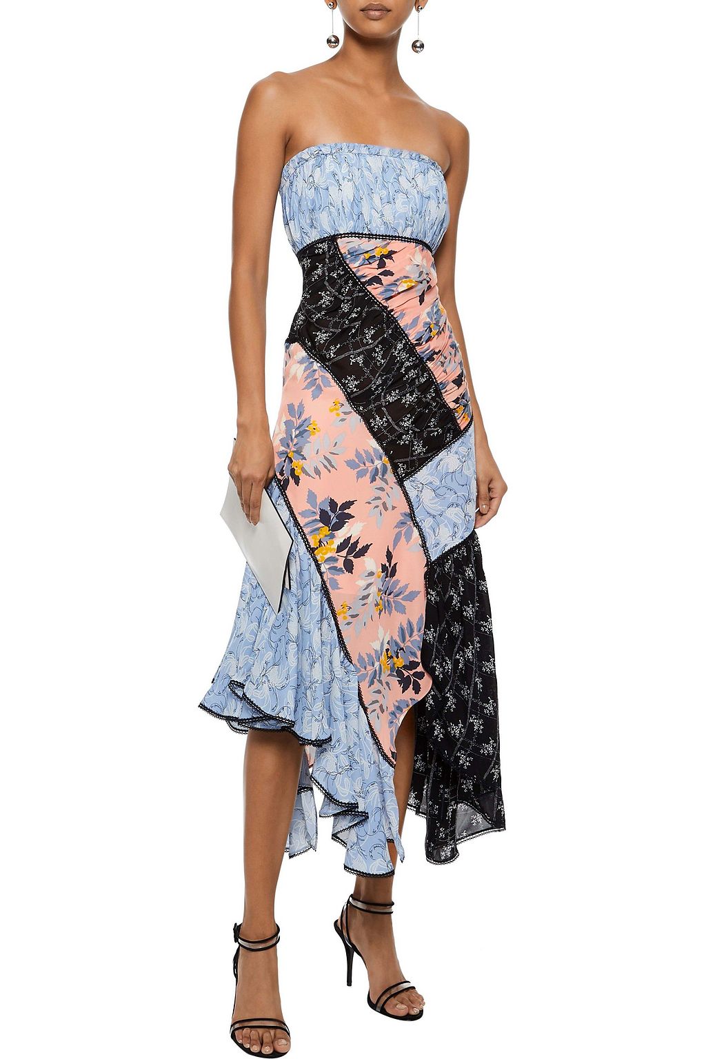 CINQ À SEPT Strapless patchwork floral-print silk crepe de chine dress