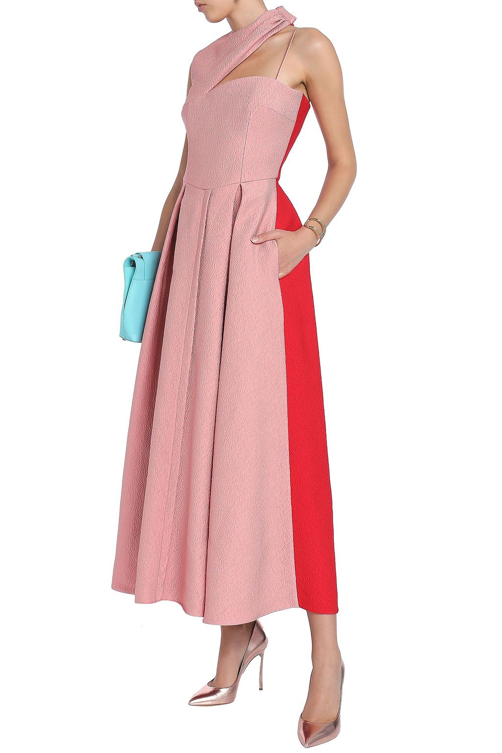 EMILIA WICKSTEAD One-shoulder pleated two-tone cloqué midi dress