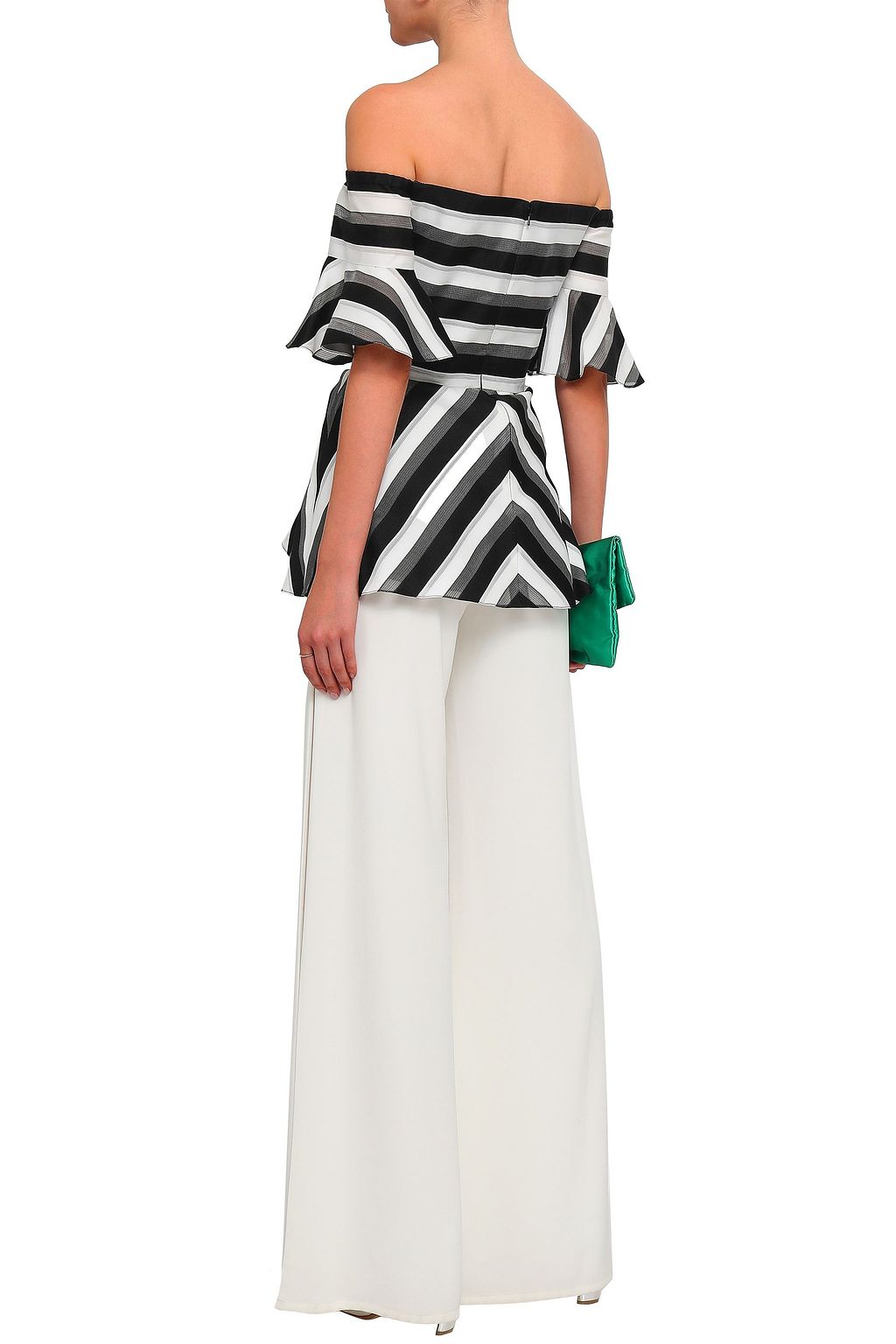 LELA ROSE Off-the-shoulder striped cotton and silk-blend peplum top