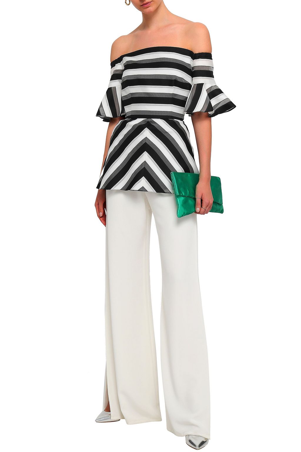 LELA ROSE Off-the-shoulder striped cotton and silk-blend peplum top