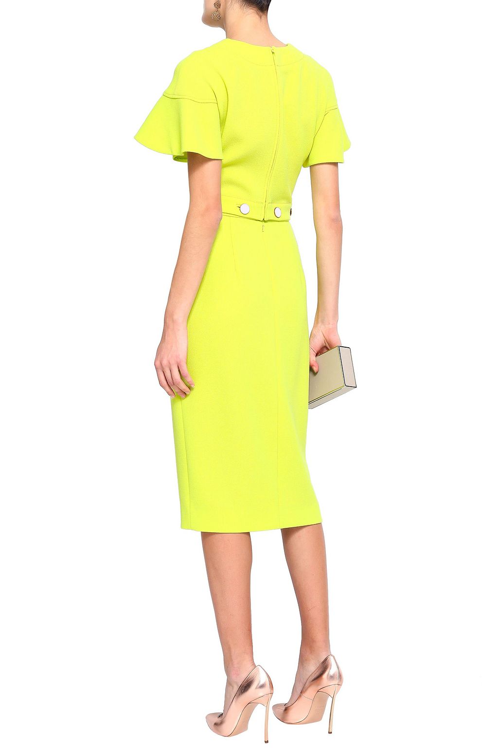 LELA ROSE Button-detailed neon wool-blend crepe midi dress
