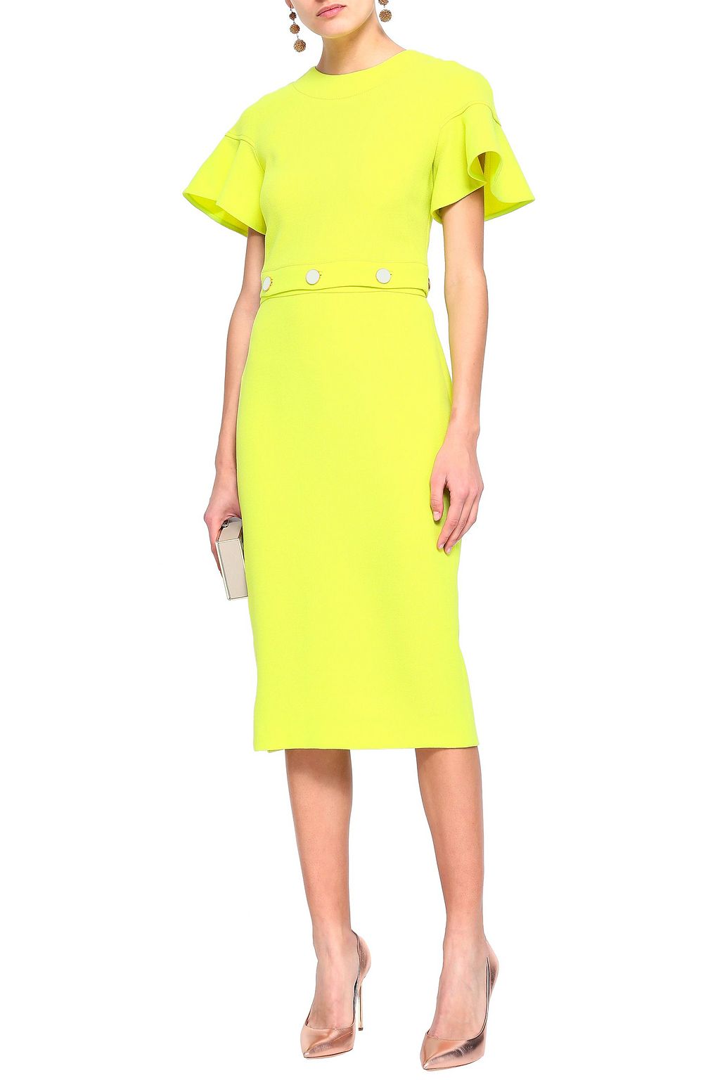 LELA ROSE Button-detailed neon wool-blend crepe midi dress