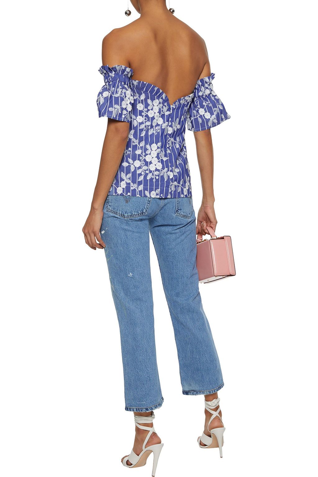 NICHOLAS Off-the-shoulder embroidered cotton-blend chambray top