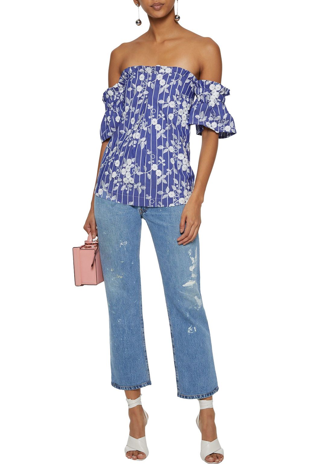NICHOLAS Off-the-shoulder embroidered cotton-blend chambray top