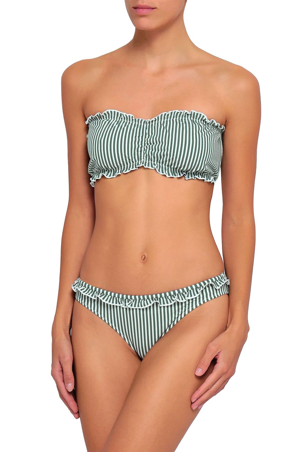 SOLID & STRIPED Ruffle-trimmed striped seersucker low-rise bikini briefs
